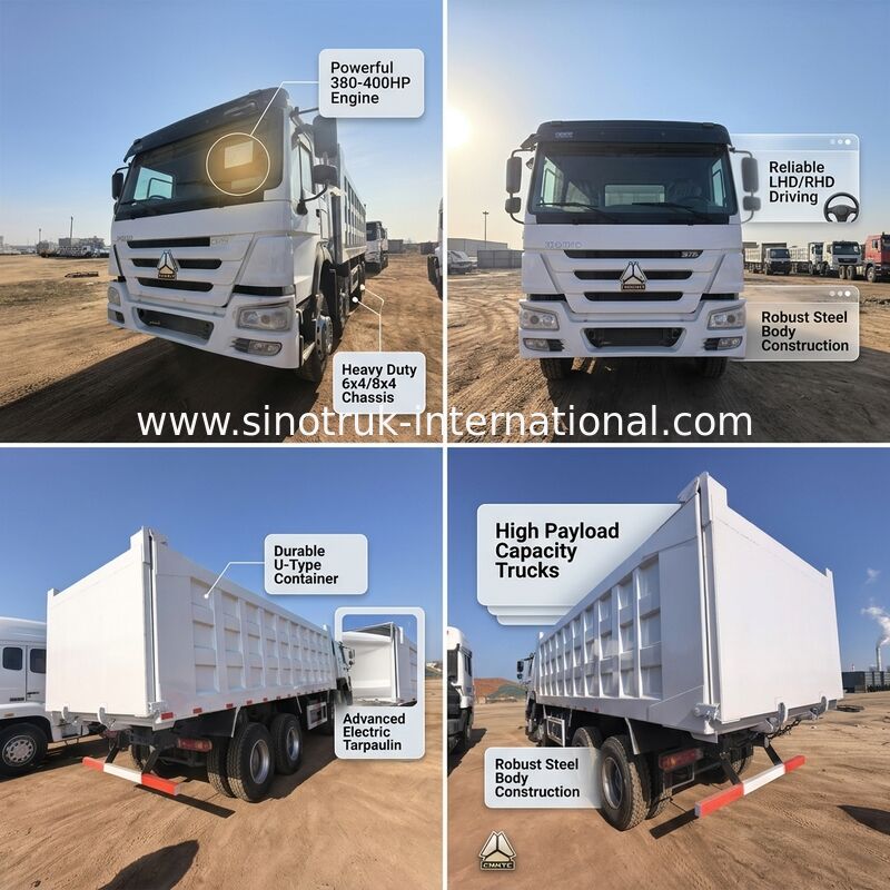 375 at gücü 40-50 ton yük kapasitesi ve 7300 mm kargo kutusu uzunluğu ile tipper dump kamyonu