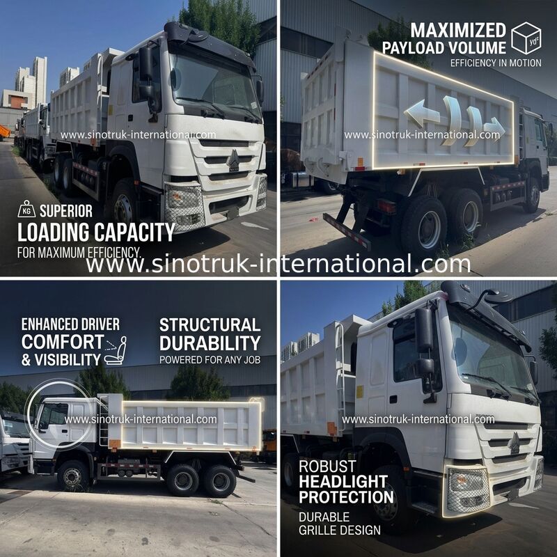 SINOTRUK Motor 371HP 6 × 4 LHD HOWO Damperli Kamyon Beyaz 19-20CBM Orta Kaldırma